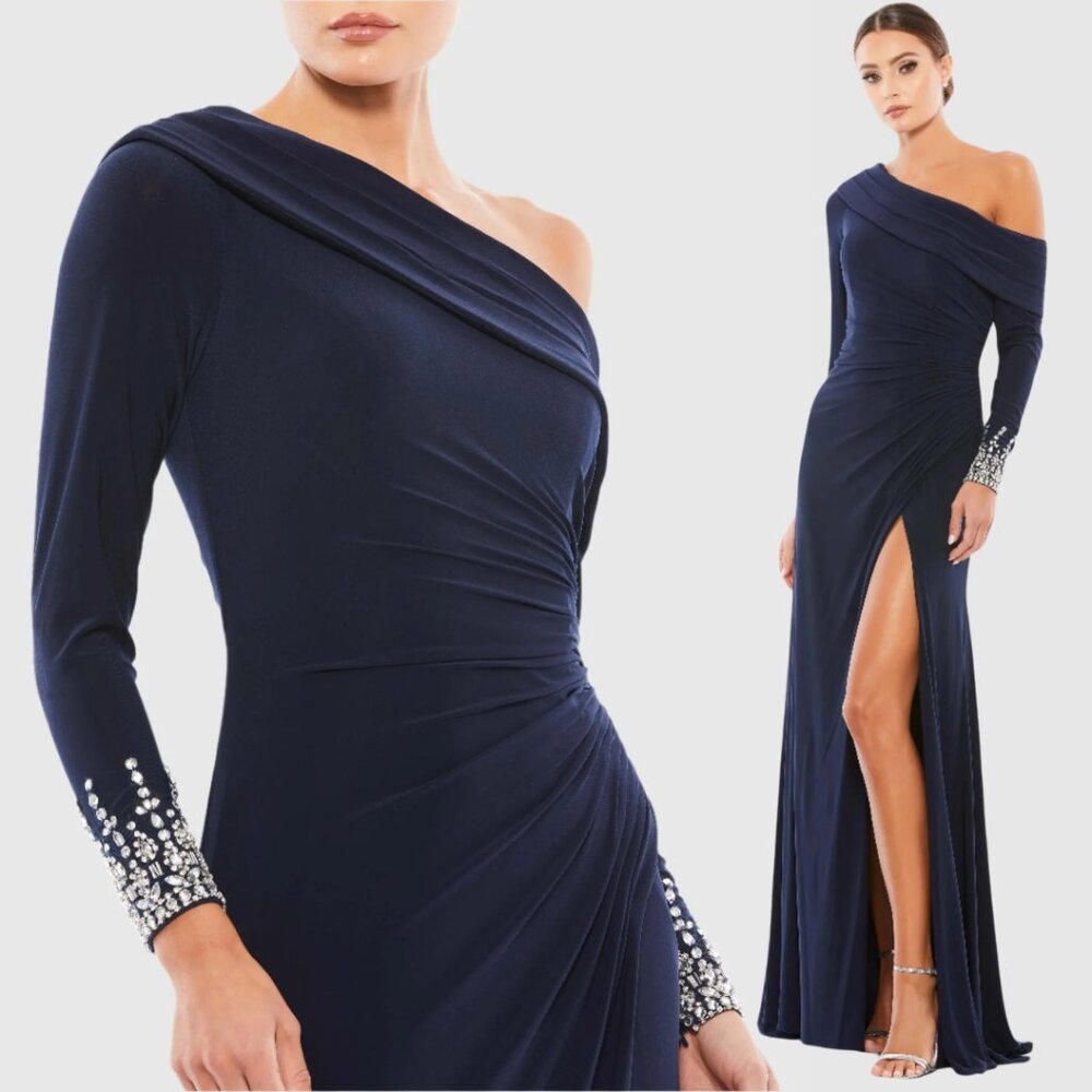 Mac Duggal 12231 Size 14 Dark Blue Drop Shoulder Jersey Long Maxi Gown Dress
